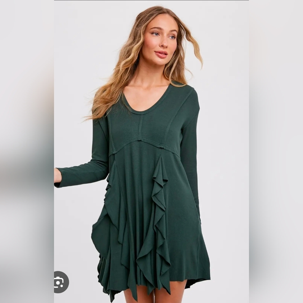 Bluivy Dark Green Ruffled Babydoll Dress Long Sleeve Stretchy Boho Flowy Tunic